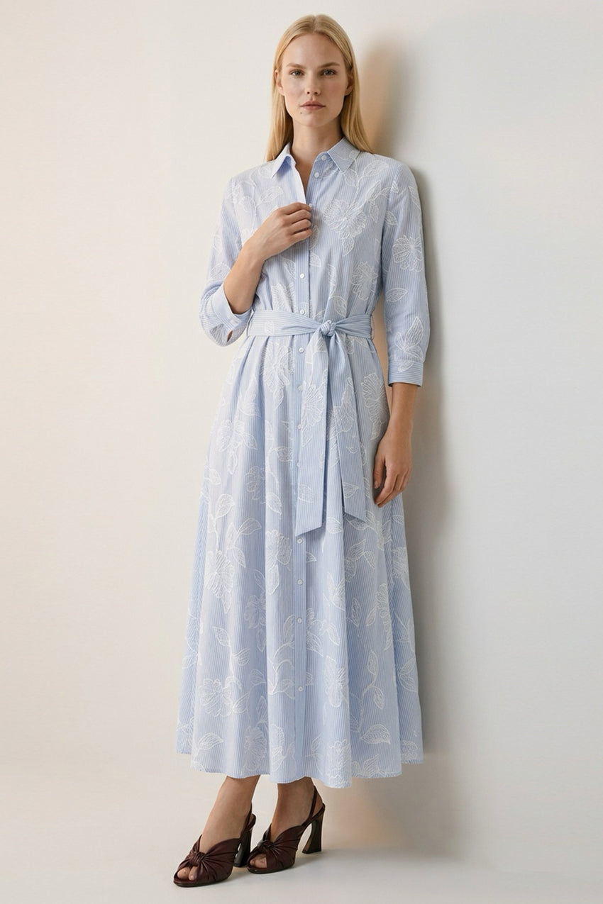 Three Quarter Sleeve Jacquard Midi Shirt Dress - BLUE-WHITE