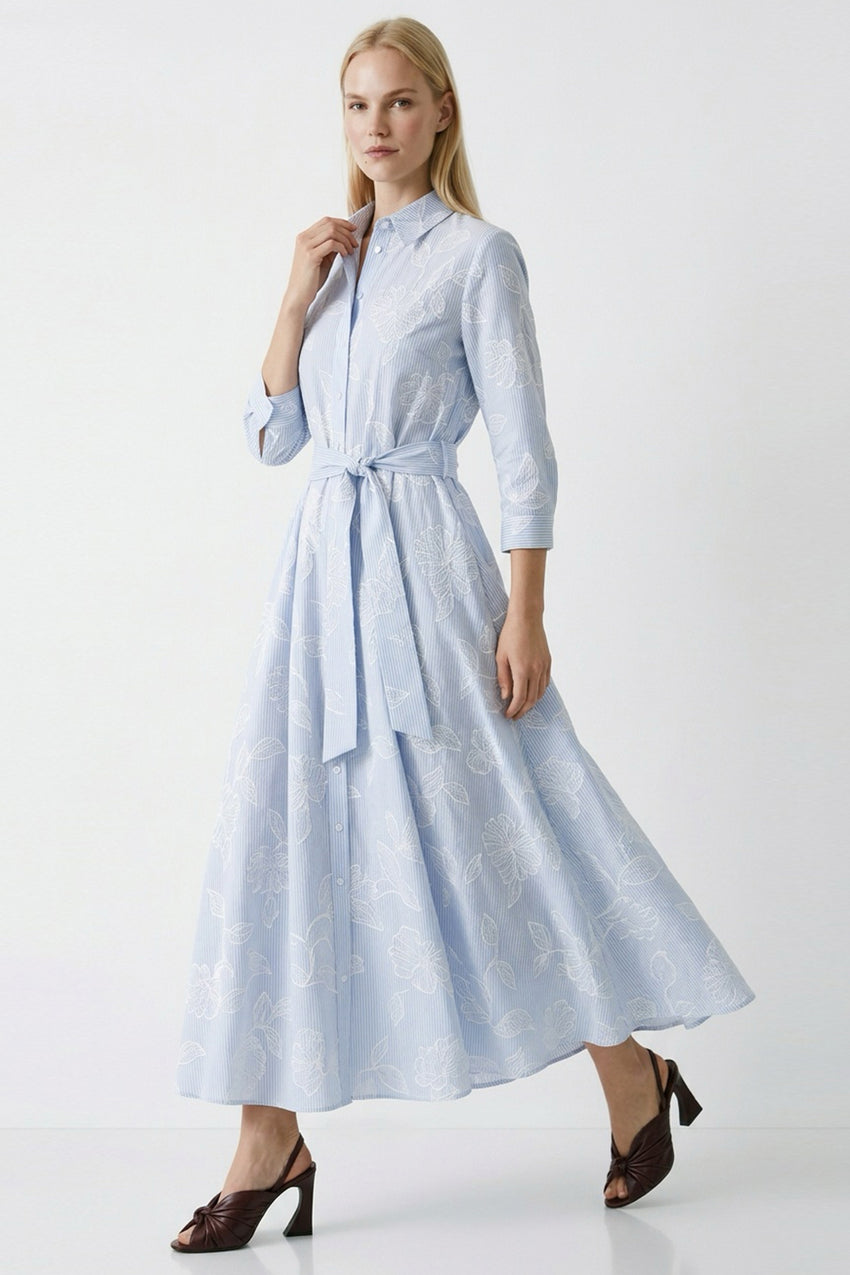 Three Quarter Sleeve Jacquard Midi Shirt Dress - BLUE-WHITE
