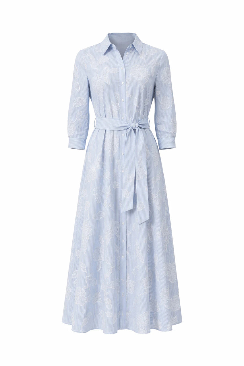 Three Quarter Sleeve Jacquard Midi Shirt Dress - BLUE-WHITE