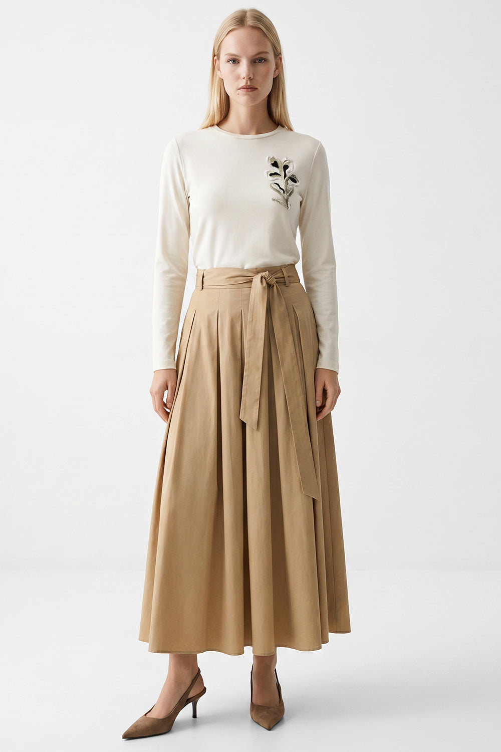 Crew Neck Pleated Embroidered Belted Midi Dress - CREAM