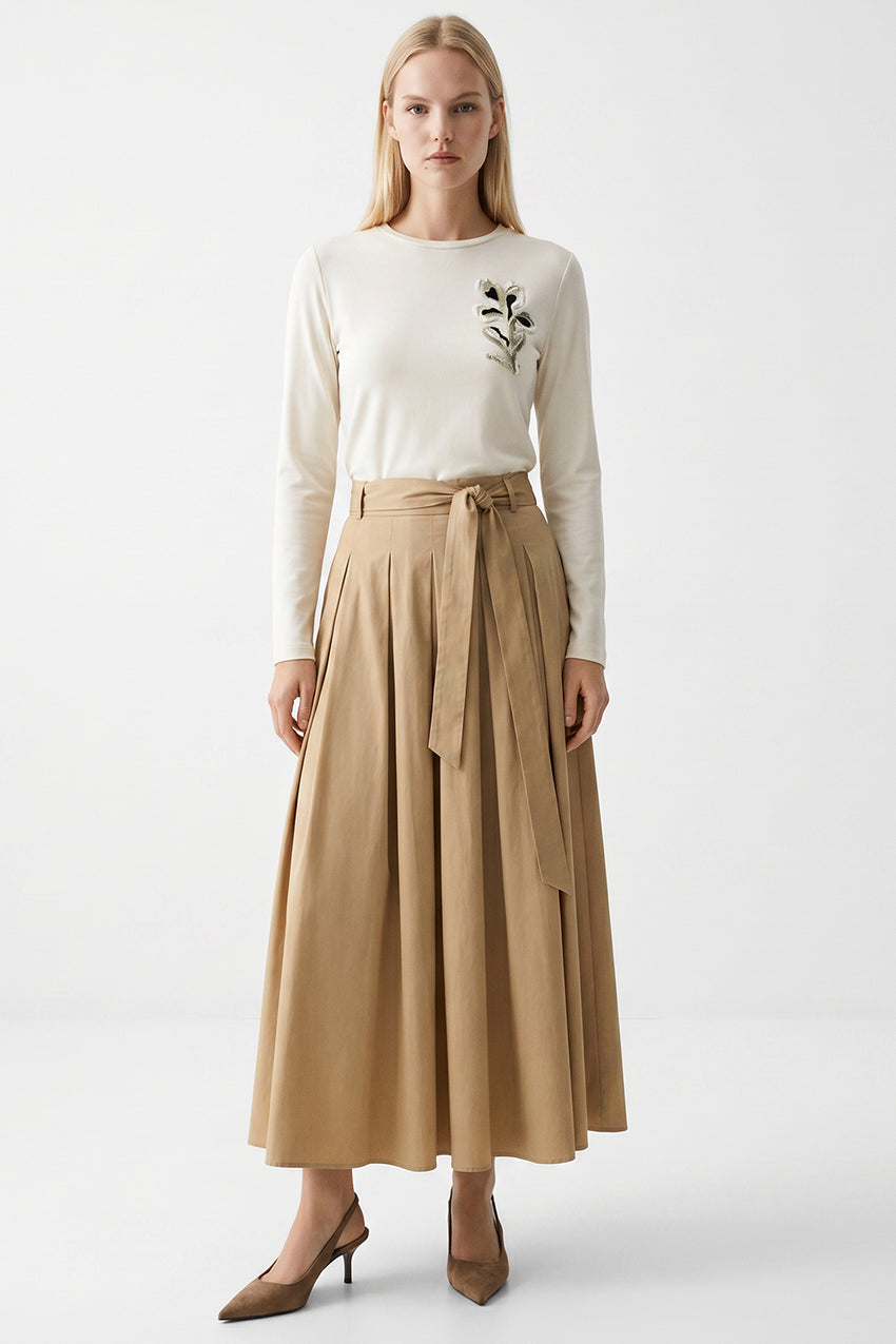 Crew Neck Pleated Embroidered Belted Midi Dress - CREAM