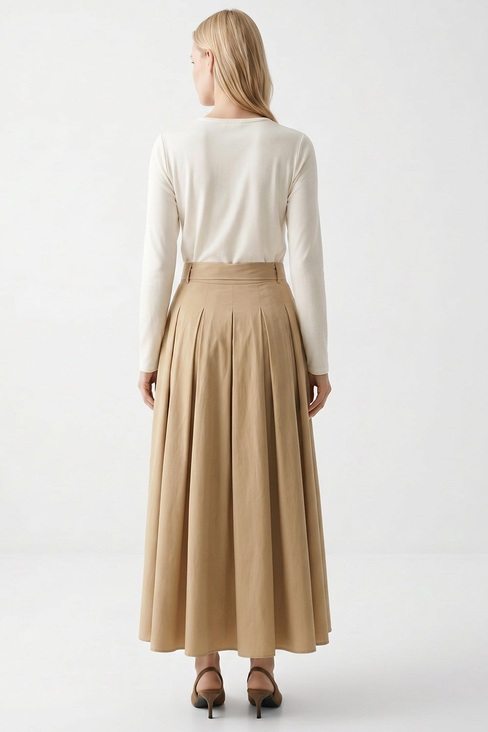 Crew Neck Pleated Embroidered Belted Midi Dress - CREAM
