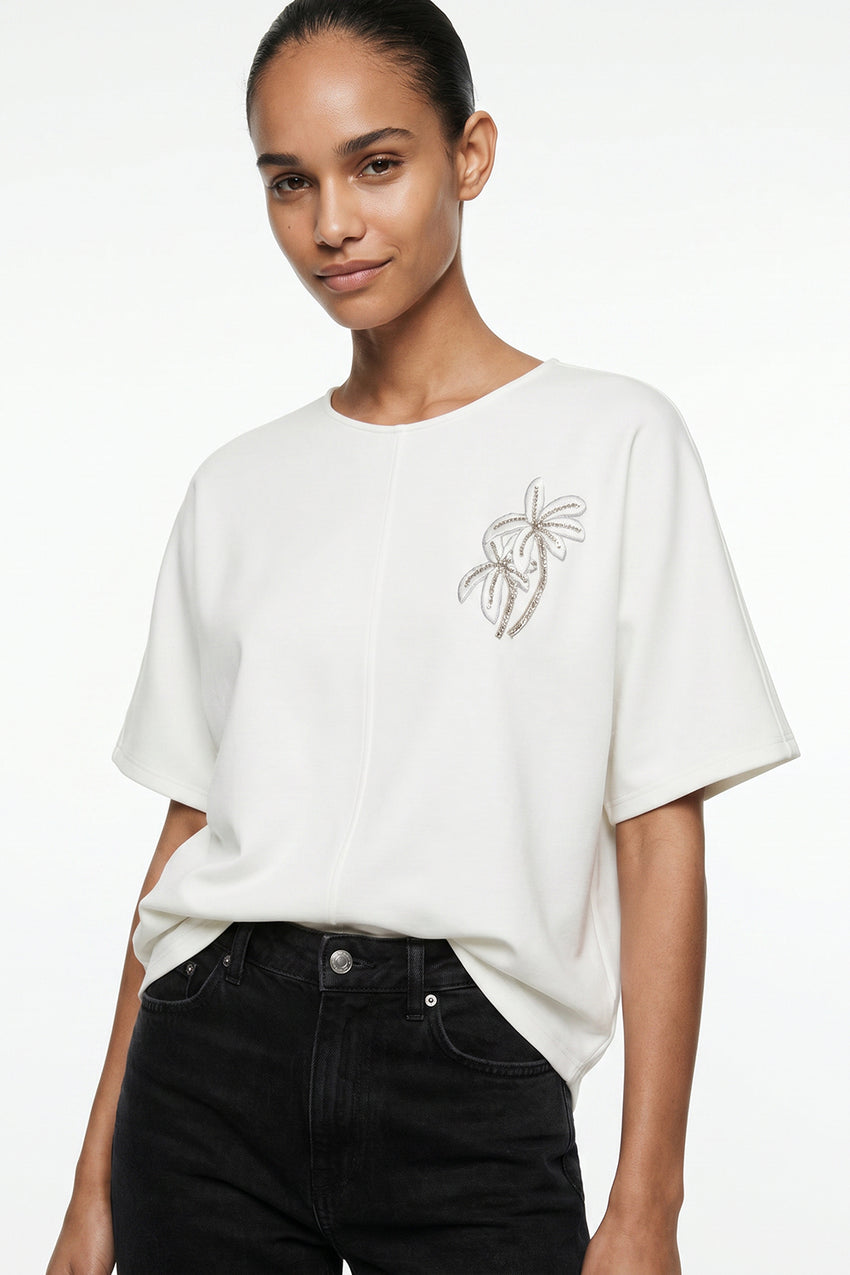 Christien Embroidered Knit Blouse - ECRU
