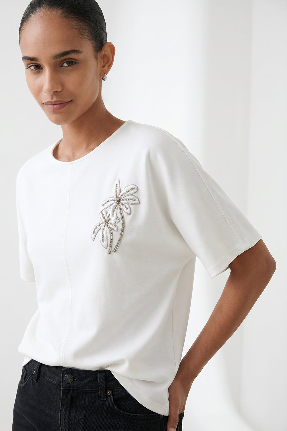 Christien Embroidered Knit Blouse - ECRU