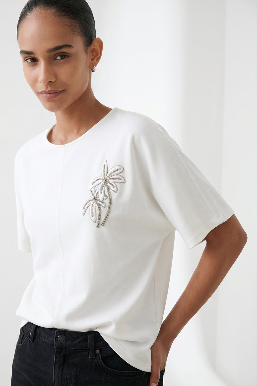 Christien Embroidered Knit Blouse - ECRU