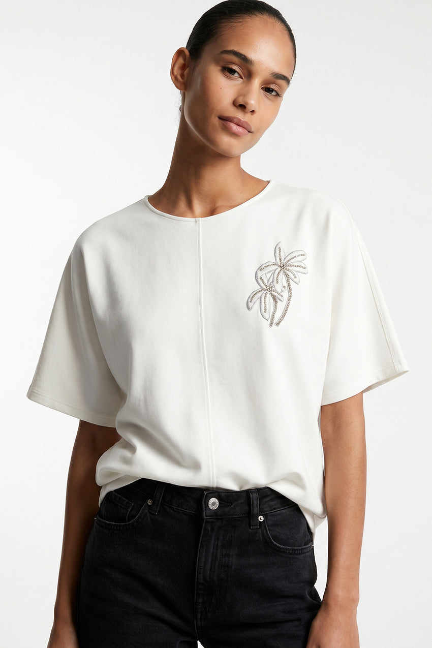 Christien Embroidered Knit Blouse - ECRU