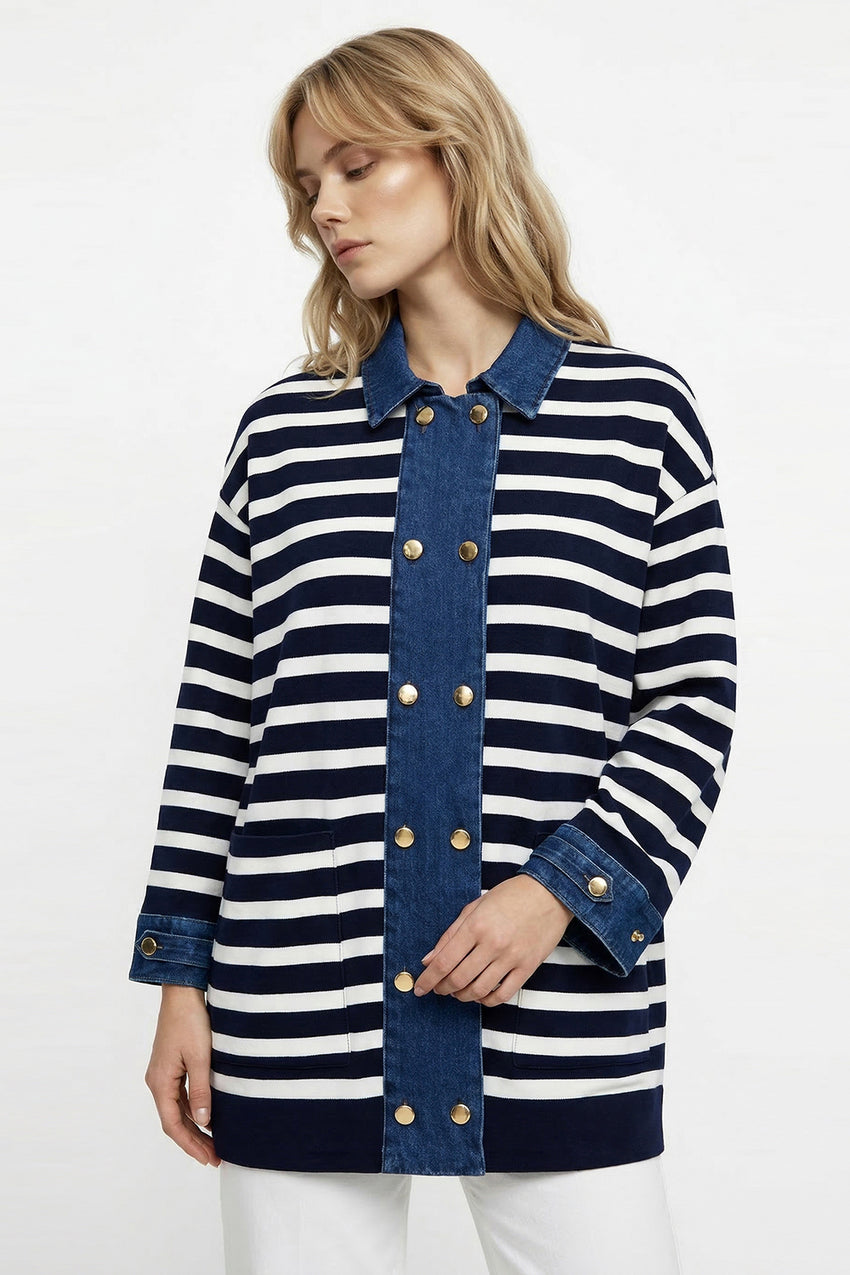 Long Sleeve Knit Cardigan - DARK BLUE WHITE