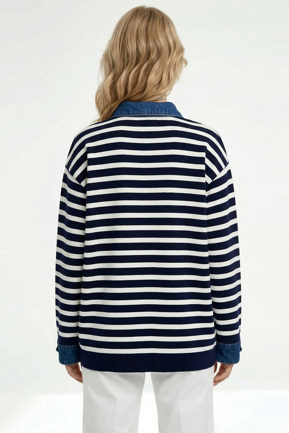 Long Sleeve Knit Cardigan - DARK BLUE WHITE