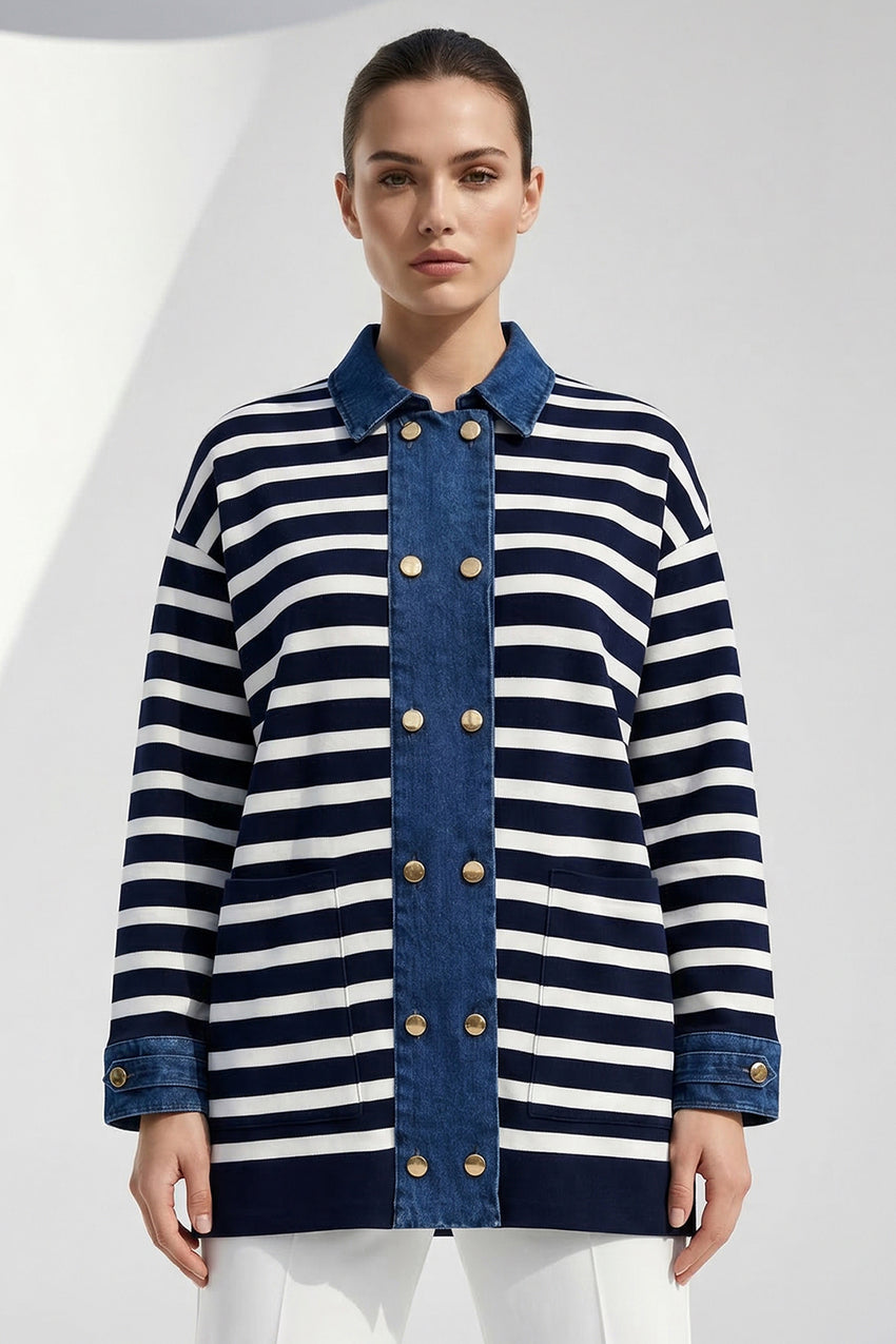 Long Sleeve Knit Cardigan - DARK BLUE WHITE