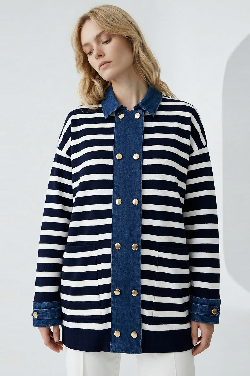 Long Sleeve Knit Cardigan - DARK BLUE WHITE