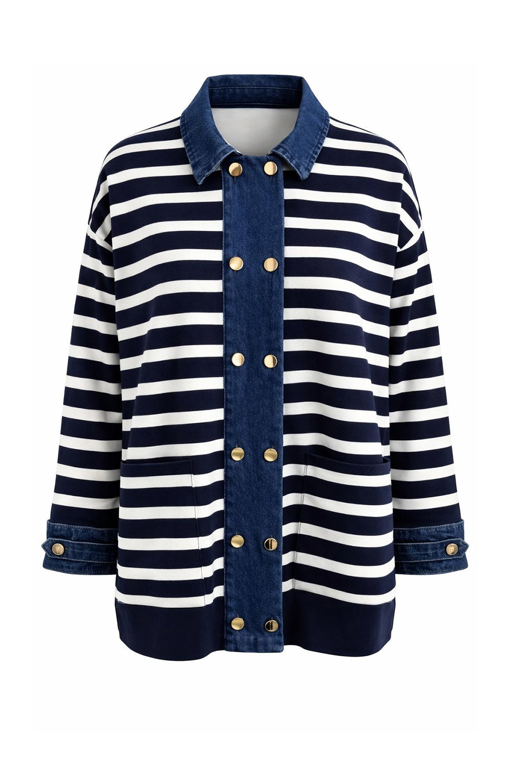 Long Sleeve Knit Cardigan - DARK BLUE WHITE