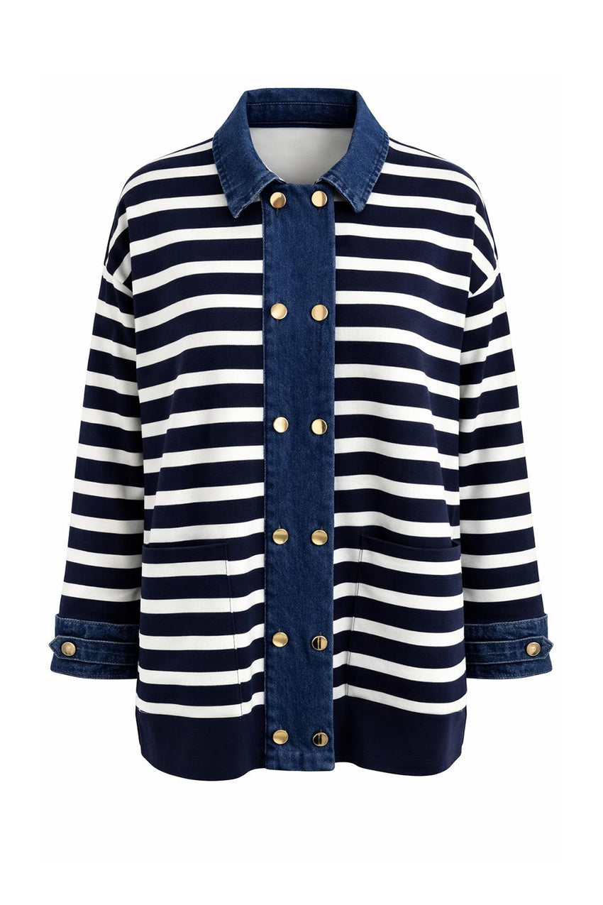 Long Sleeve Knit Cardigan - DARK BLUE WHITE