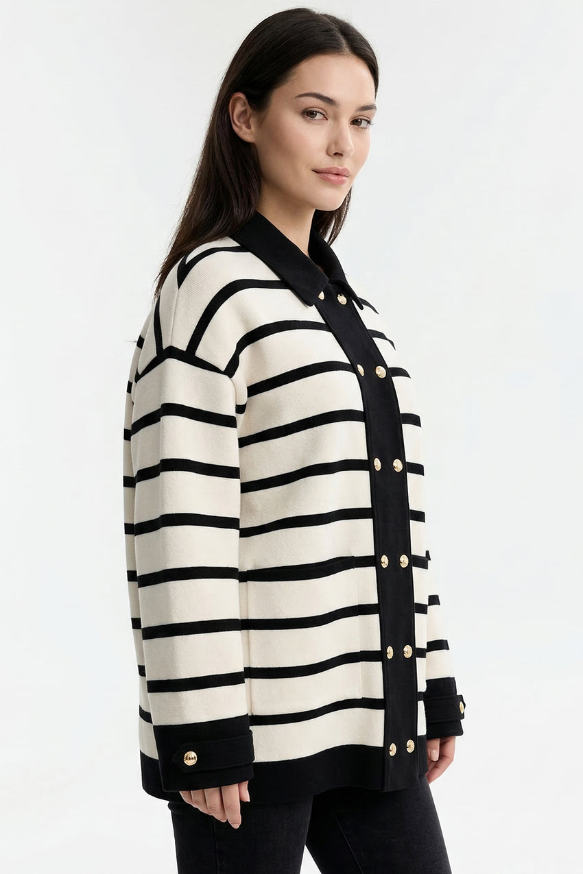 Long Sleeve Knit Cardigan - BLACK CREAM