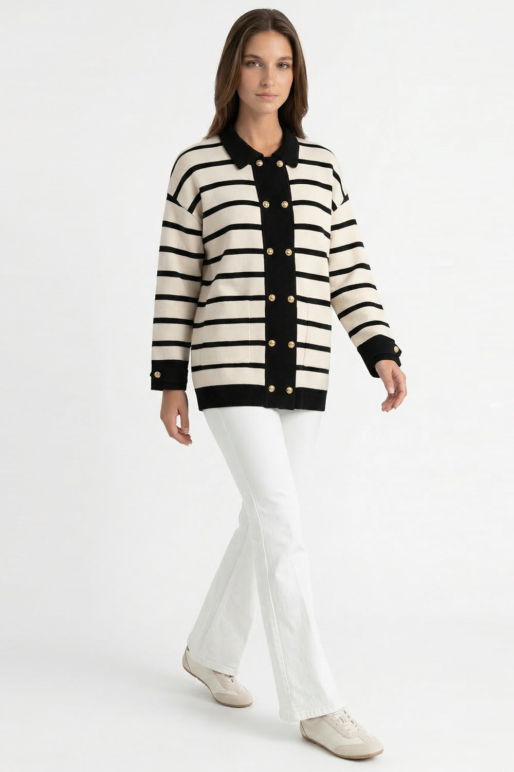 Long Sleeve Knit Cardigan - BLACK CREAM