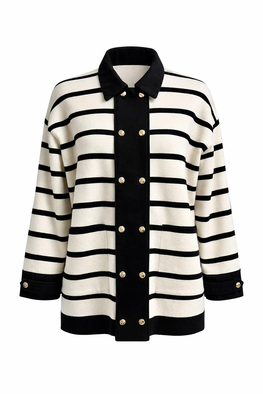 Long Sleeve Knit Cardigan - BLACK CREAM