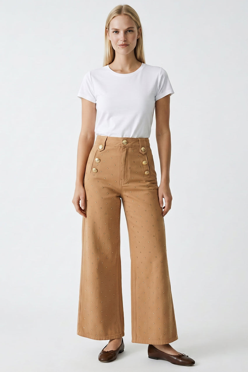 Vaila Wide Leg Regular Denim Pants - CAMEL