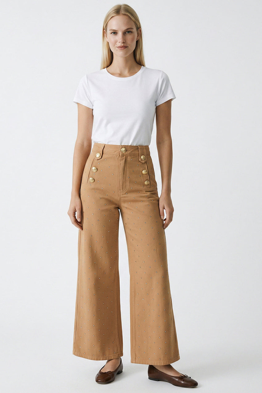 Vaila Wide Leg Regular Denim Pants - CAMEL