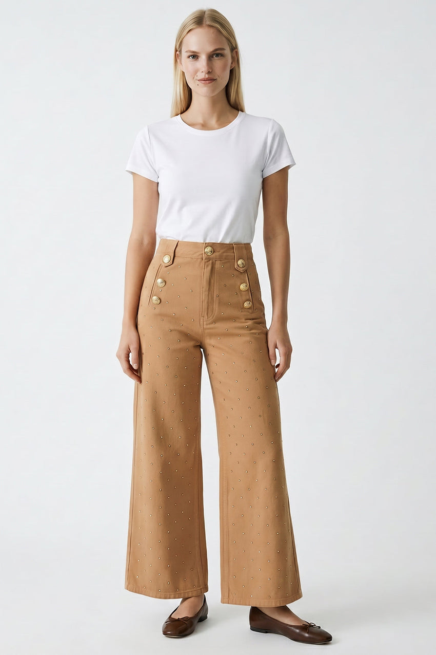 Vaila Wide Leg Regular Denim Pants - CAMEL