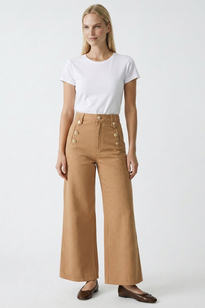 Vaila Wide Leg Regular Denim Pants - CAMEL