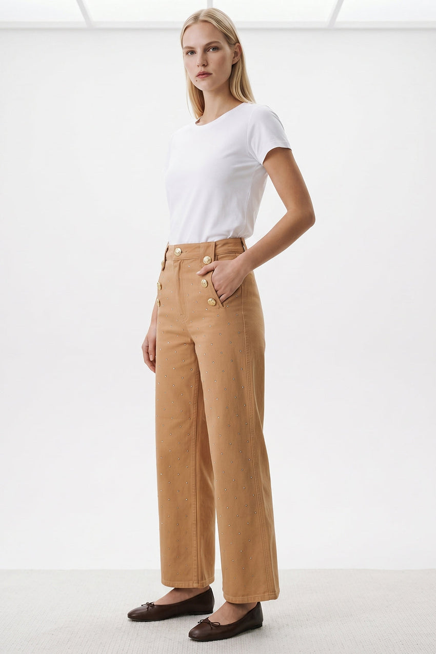 Vaila Wide Leg Regular Denim Pants - CAMEL