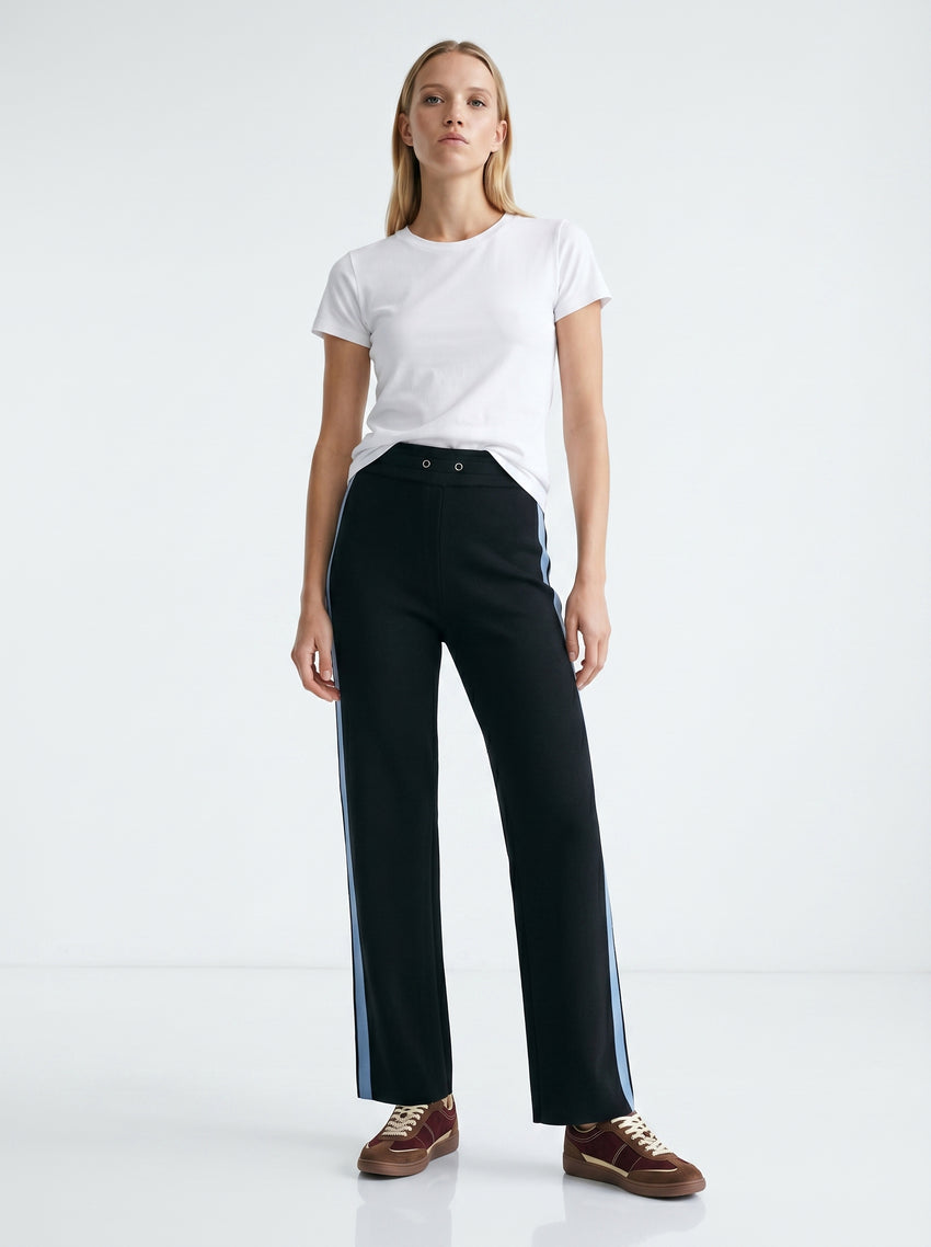 Wide-Leg Knit Trousers with Denim Side Stripes - NAVY