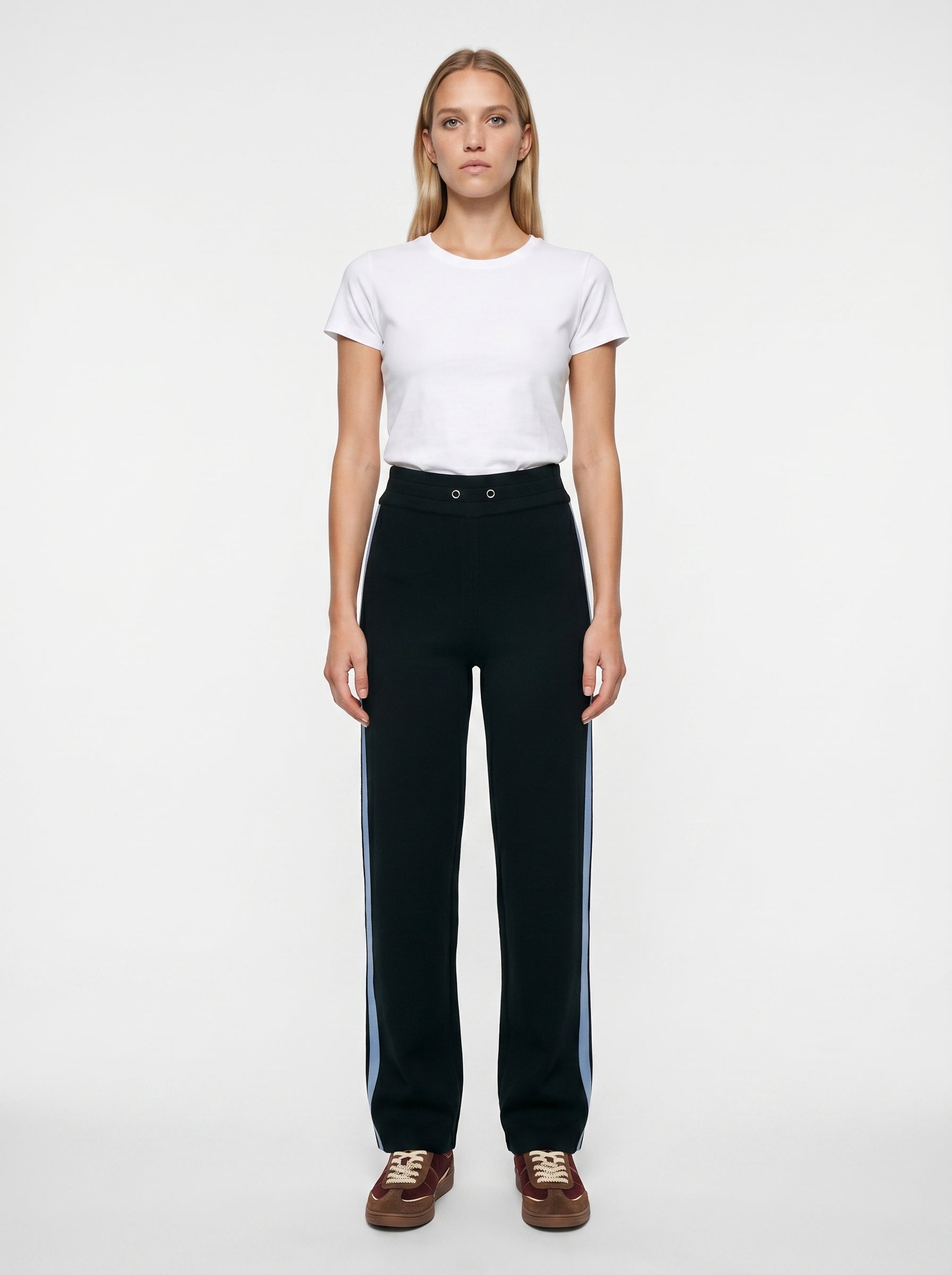 Wide-Leg Knit Trousers with Denim Side Stripes - NAVY