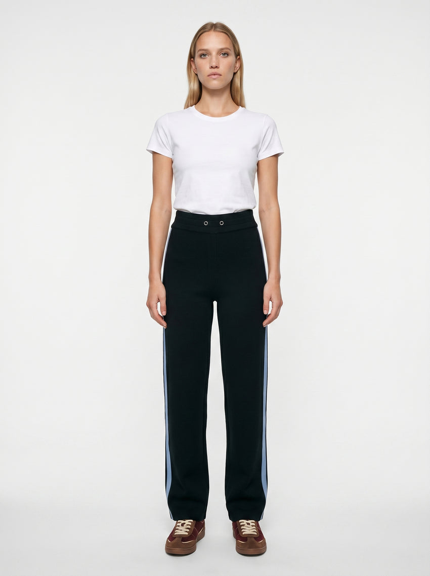 Wide-Leg Knit Trousers with Denim Side Stripes - NAVY