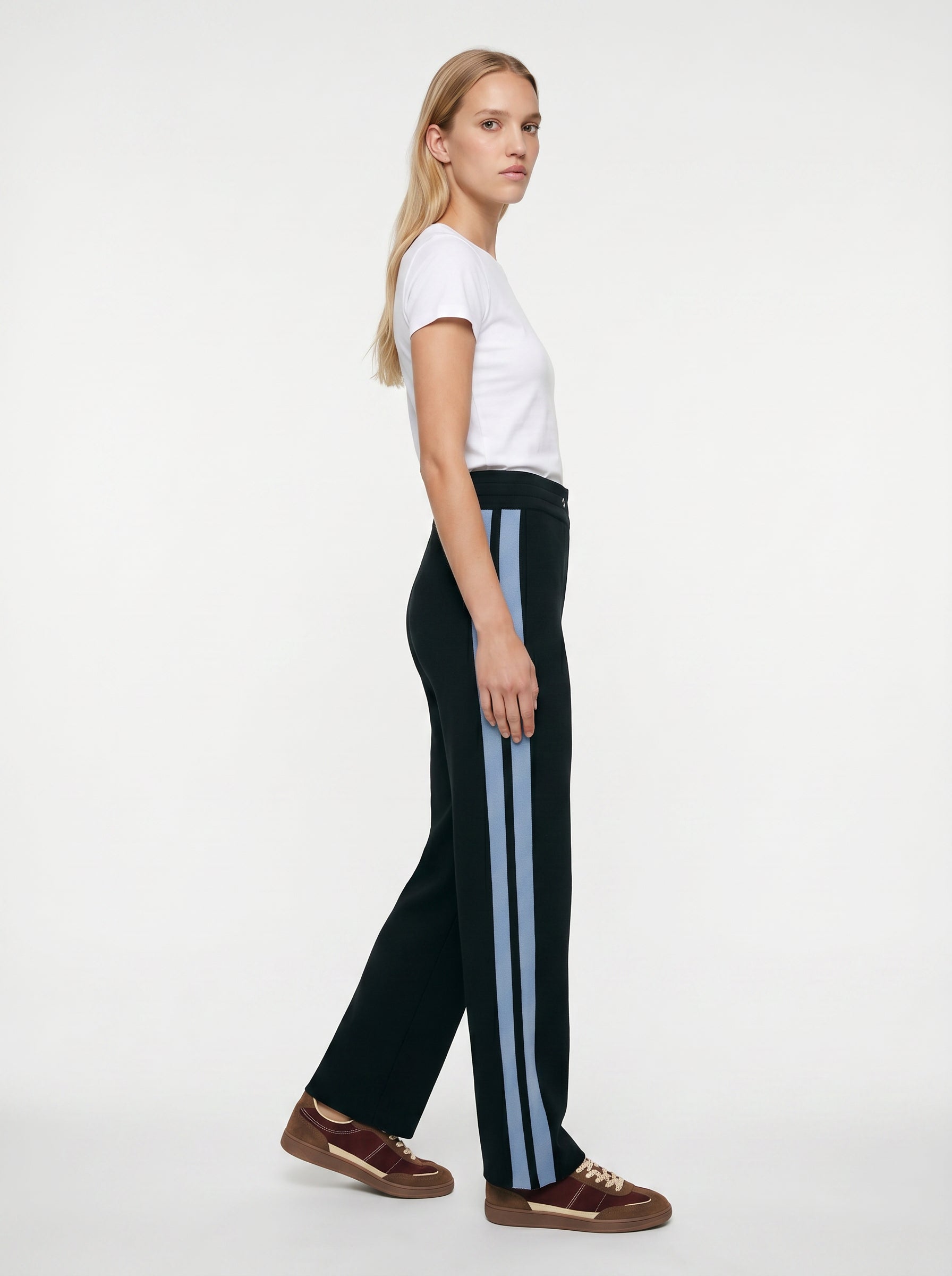 Wide-Leg Knit Trousers with Denim Side Stripes - NAVY