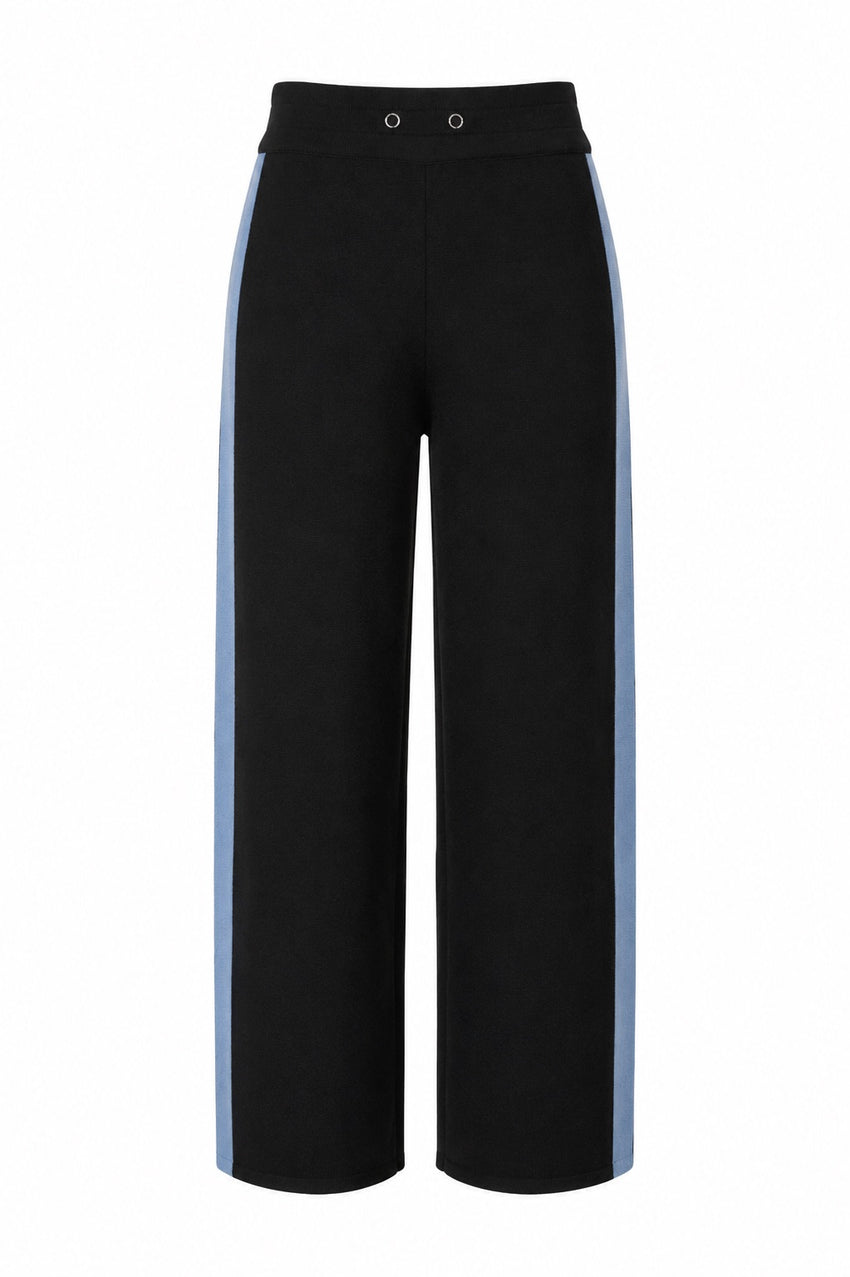 Wide-Leg Knit Trousers with Denim Side Stripes - NAVY