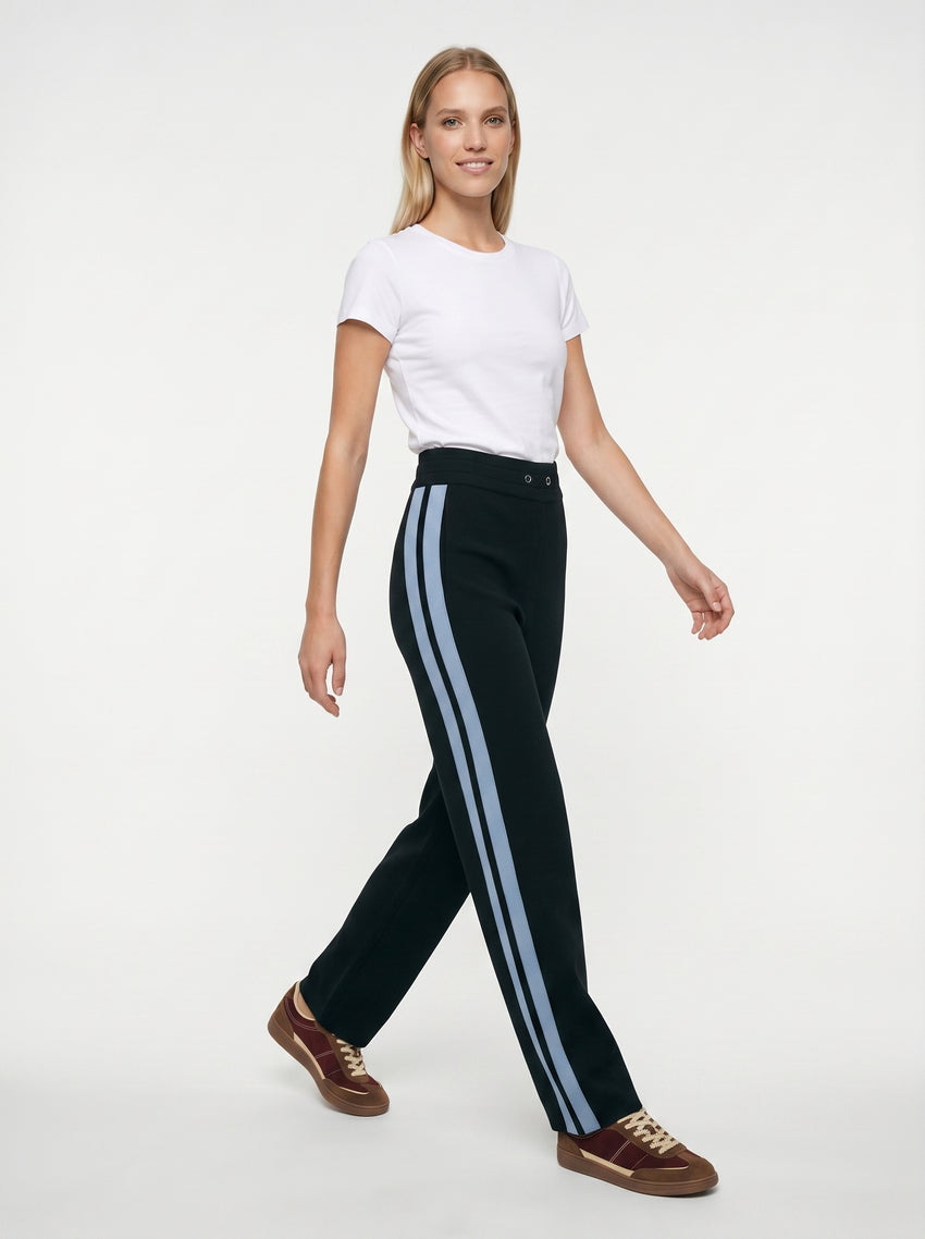 Wide-Leg Knit Trousers with Denim Side Stripes - NAVY