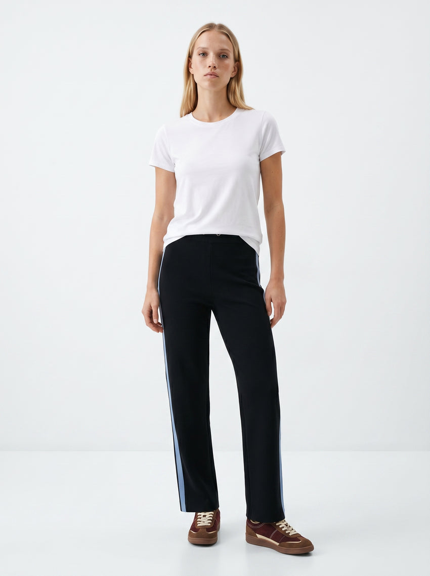 Wide-Leg Knit Trousers with Denim Side Stripes - NAVY