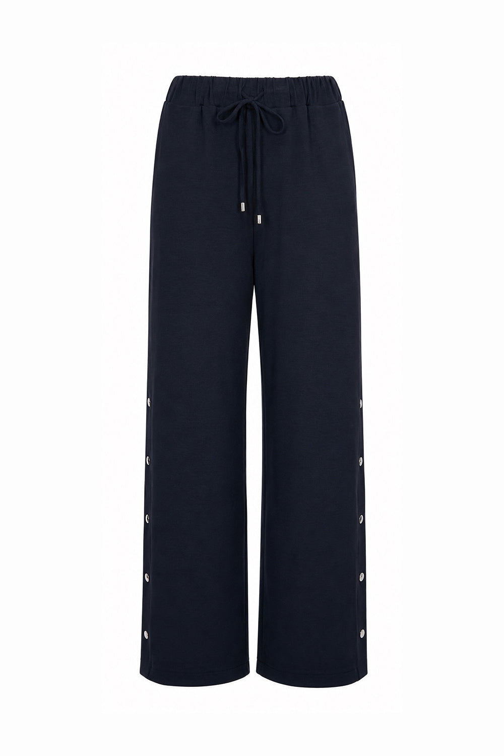 Wide-Leg Knit Trousers with Elastic Waist and Snap-Button Sides - Navy Blue