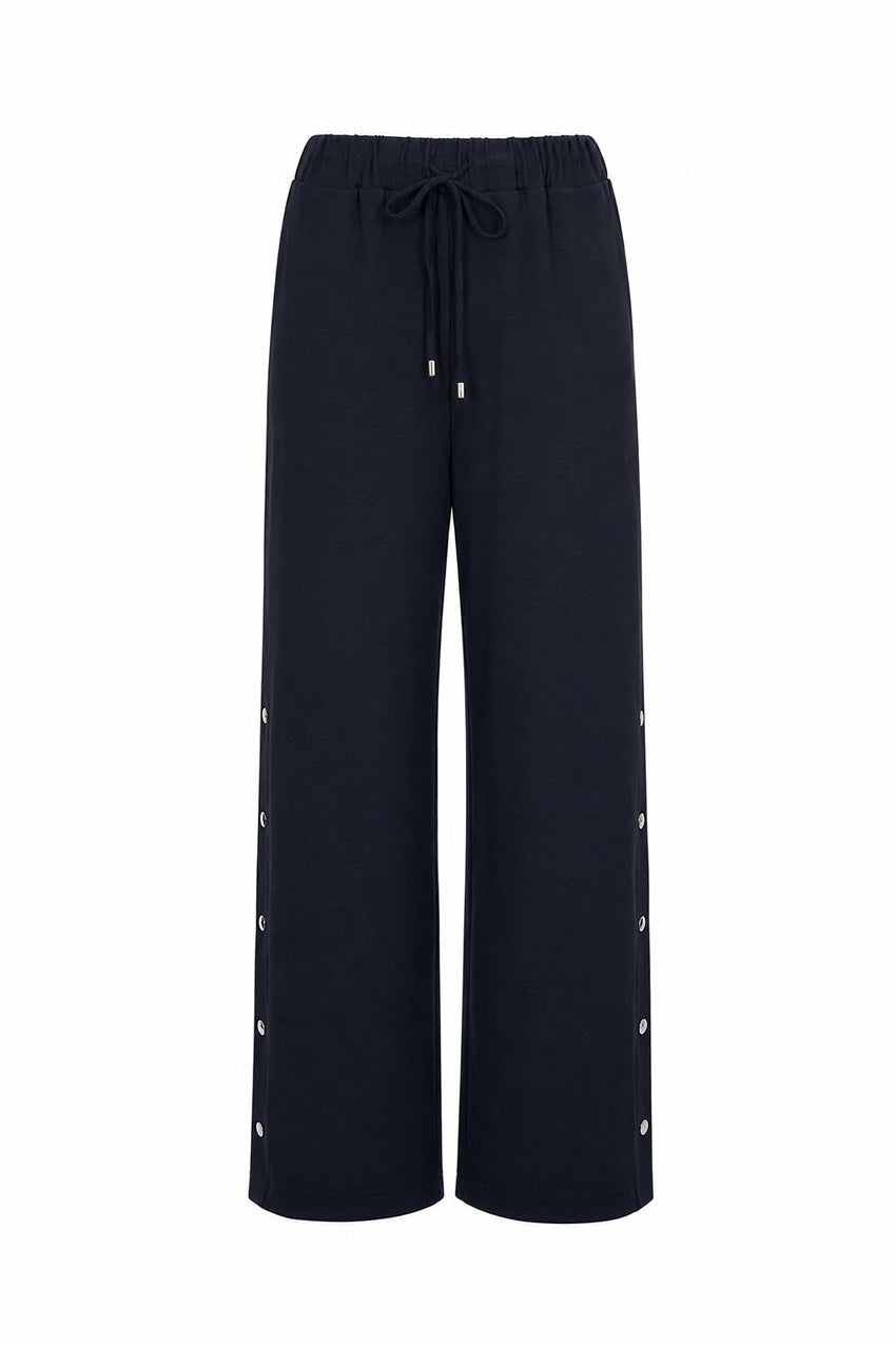 Wide-Leg Knit Trousers with Elastic Waist and Snap-Button Sides - Navy Blue