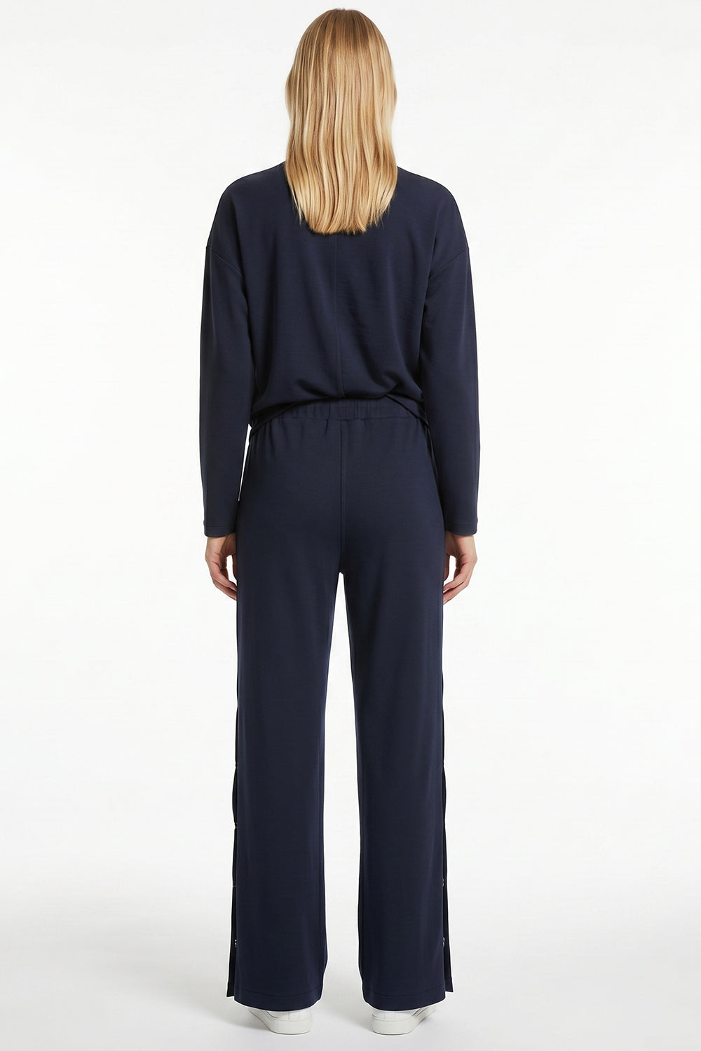 Wide-Leg Knit Trousers with Elastic Waist and Snap-Button Sides - Navy Blue