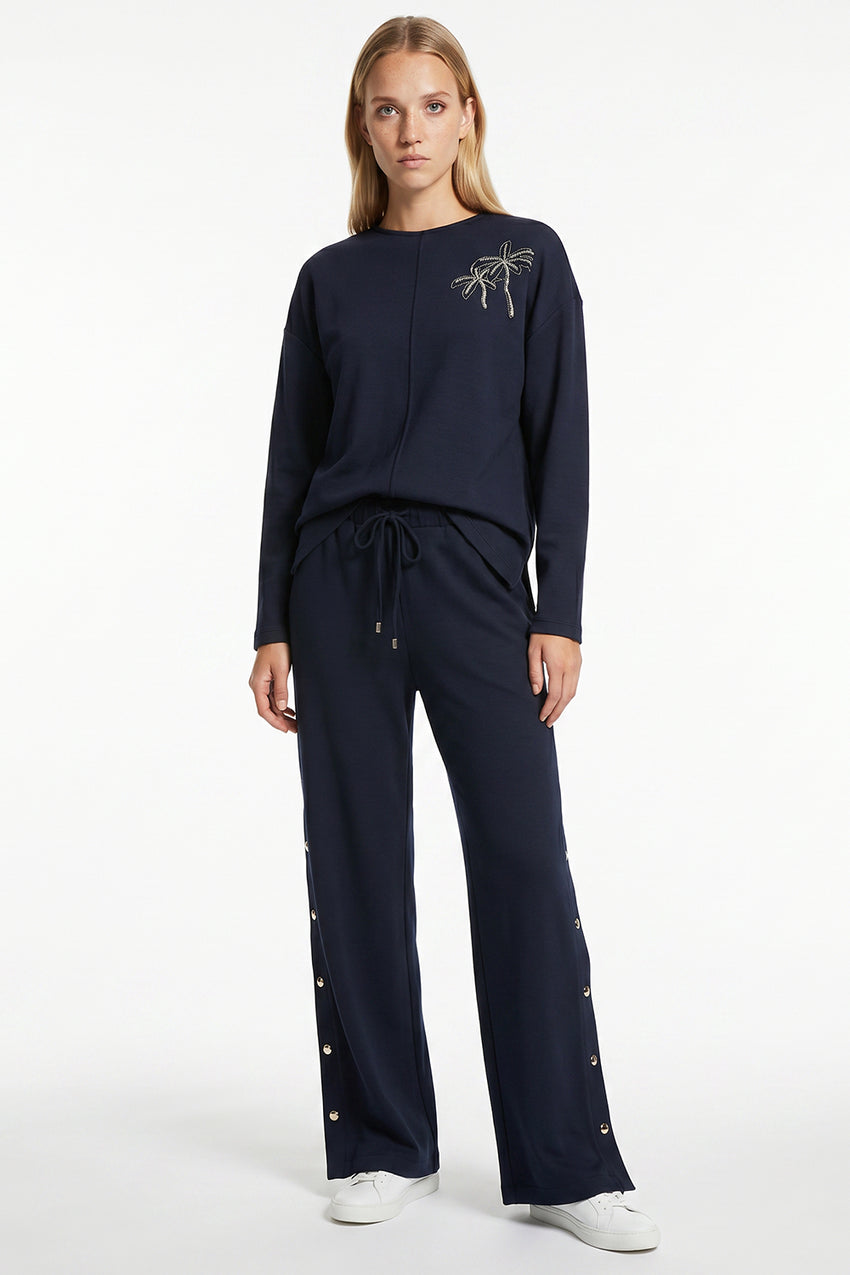 Wide-Leg Knit Trousers with Elastic Waist and Snap-Button Sides - Navy Blue