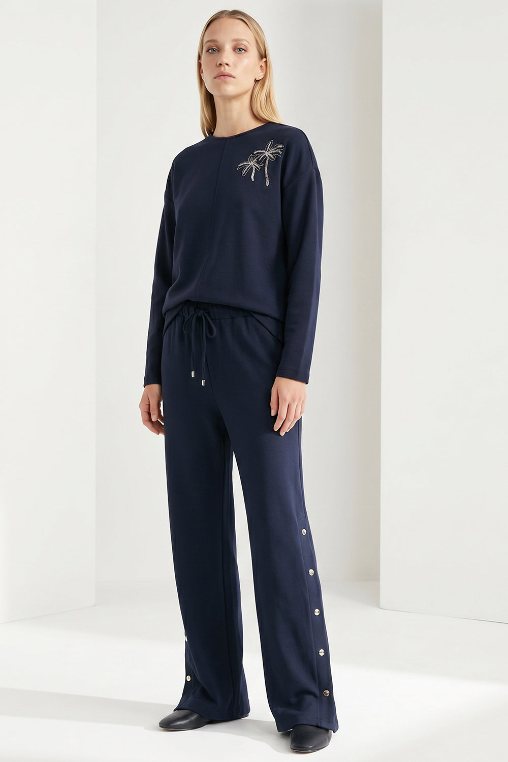 Wide-Leg Knit Trousers with Elastic Waist and Snap-Button Sides - Navy