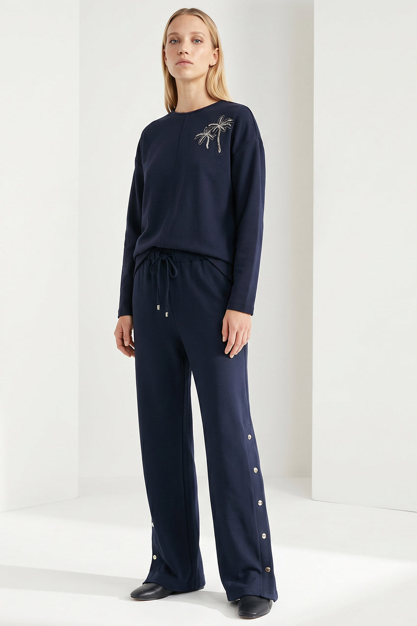 Wide-Leg Knit Trousers with Elastic Waist and Snap-Button Sides - Navy Blue