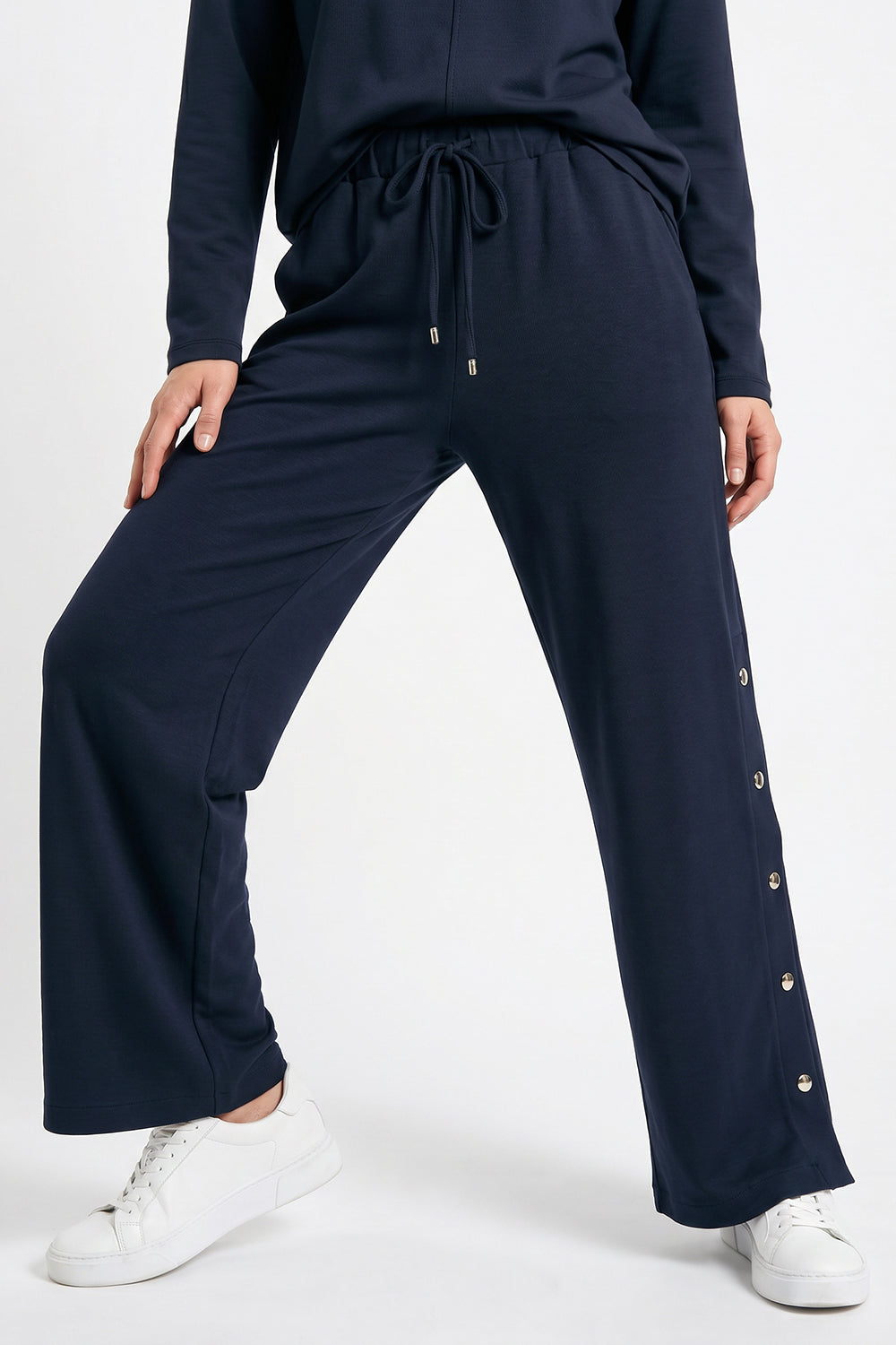 Wide-Leg Knit Trousers with Elastic Waist and Snap-Button Sides - Navy