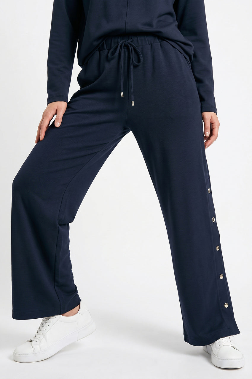 Wide-Leg Knit Trousers with Elastic Waist and Snap-Button Sides - Navy Blue