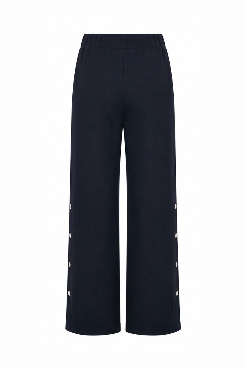 Wide-Leg Knit Trousers with Elastic Waist and Snap-Button Sides - Navy Blue