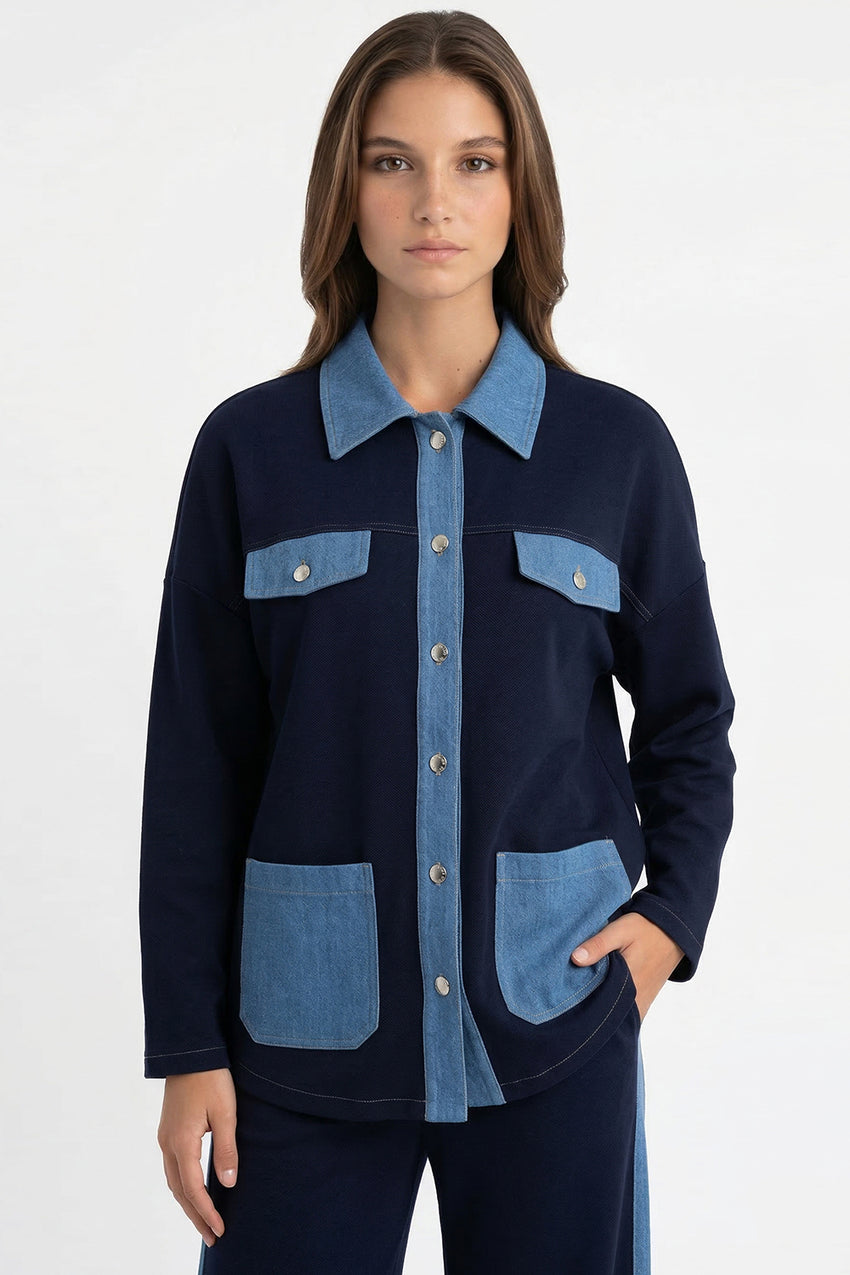 Long Sleeve Shirt Collar Pocket Knit Regular Jacket - NAVY BLUE