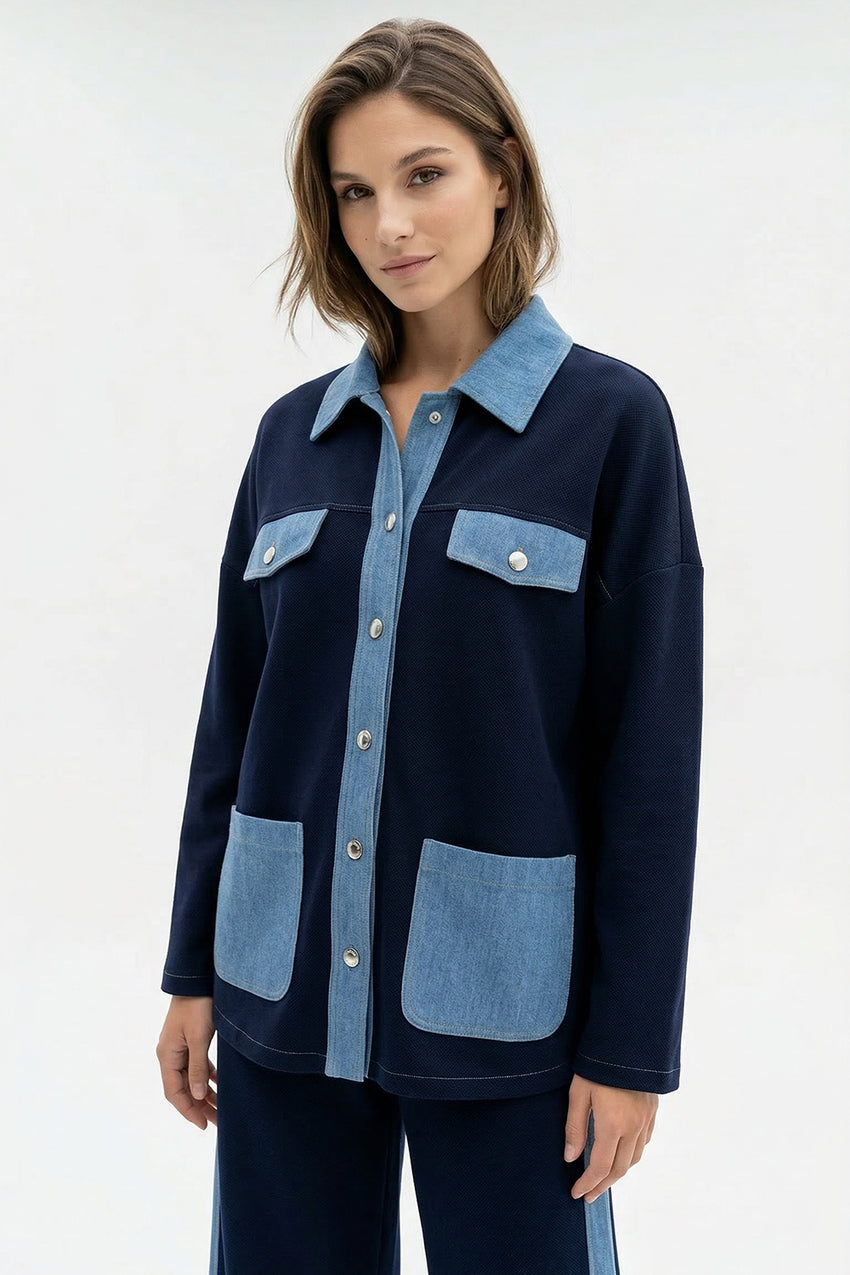 Long Sleeve Shirt Collar Pocket Knit Regular Jacket - NAVY BLUE
