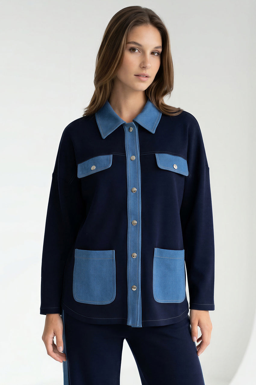 Long Sleeve Shirt Collar Pocket Knit Regular Jacket - NAVY BLUE