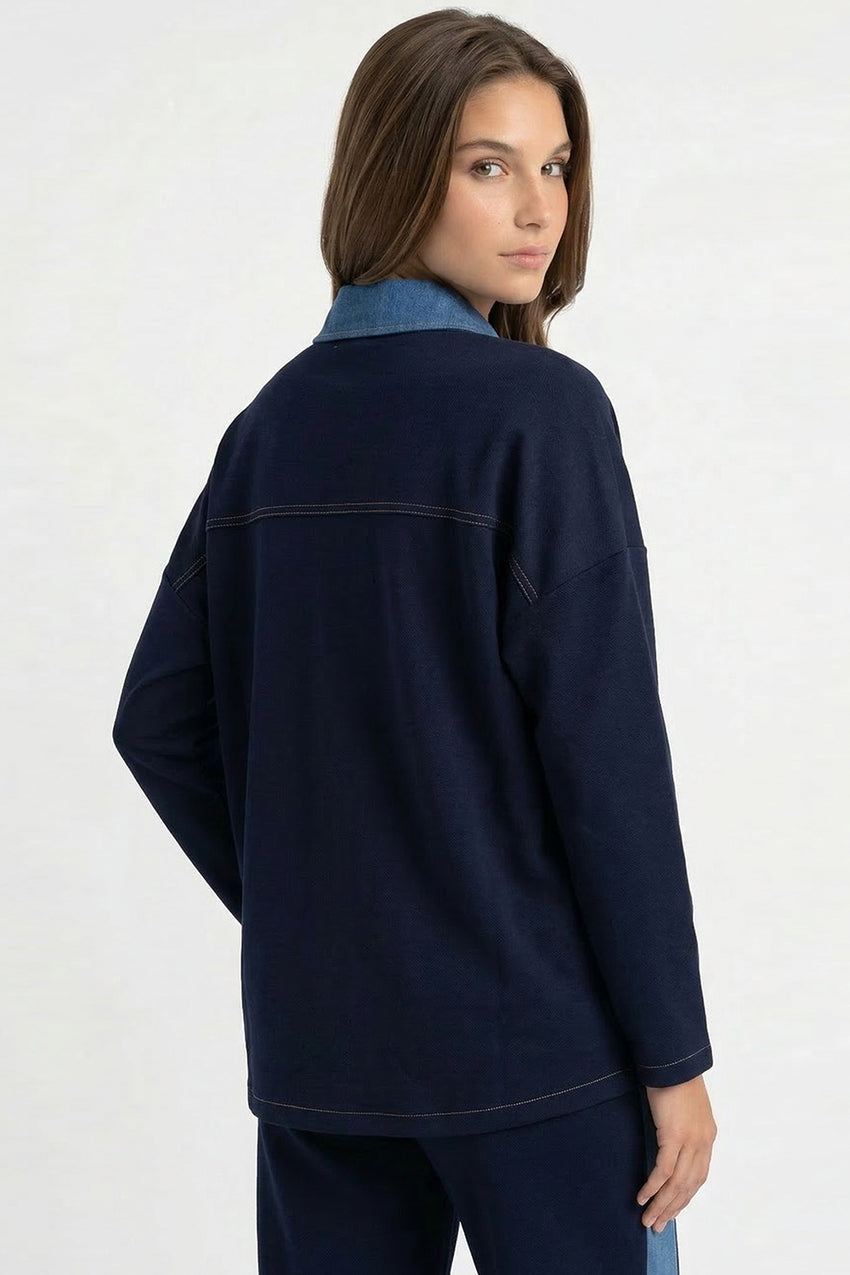 Long Sleeve Shirt Collar Pocket Knit Regular Jacket - NAVY BLUE