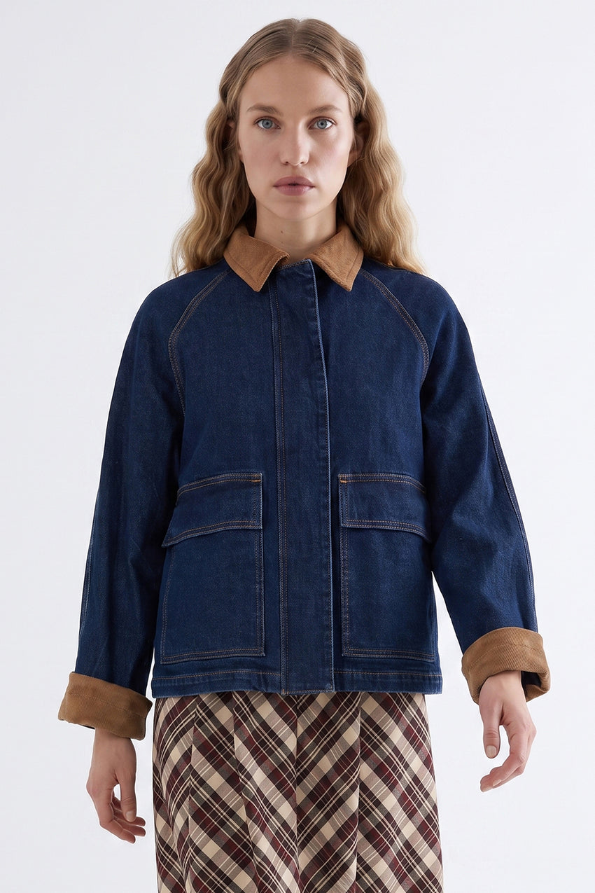 Lined Denim Jacket with Velvet Trim - INDIGO