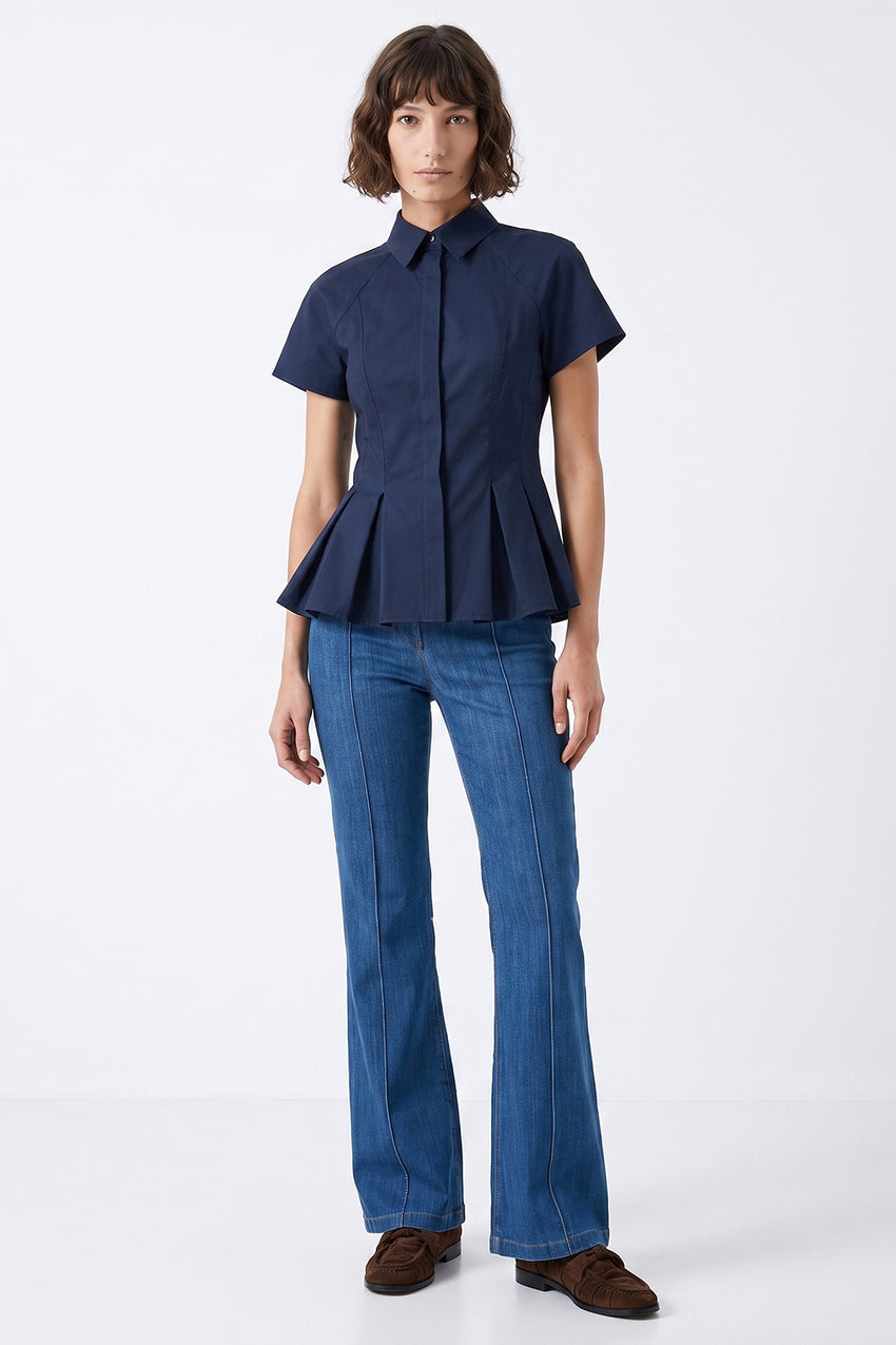 Dropped Sleeve Pleated Zigzag Stitch Shirt - NAVY