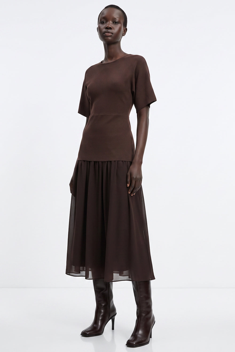 Short Sleeve Midi Dress with Chiffon Lined Skirt - BROWN