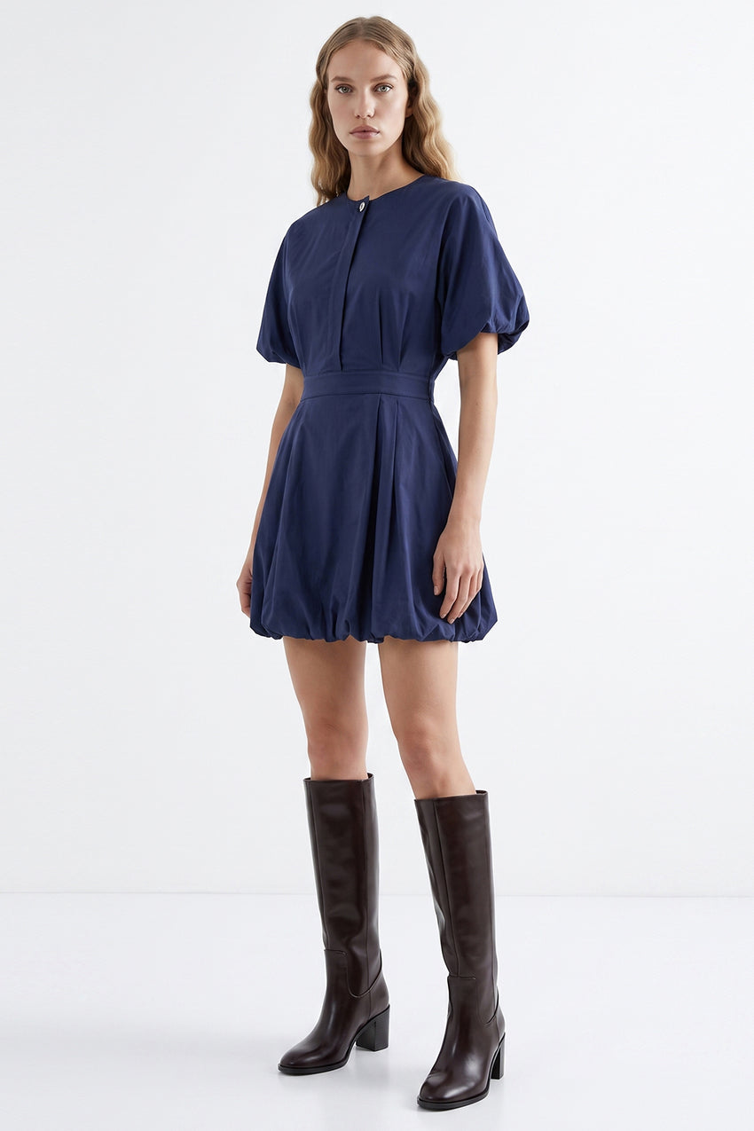 Balloon Sleeve Lined Mini Dress with Elastic Waist - BLUE