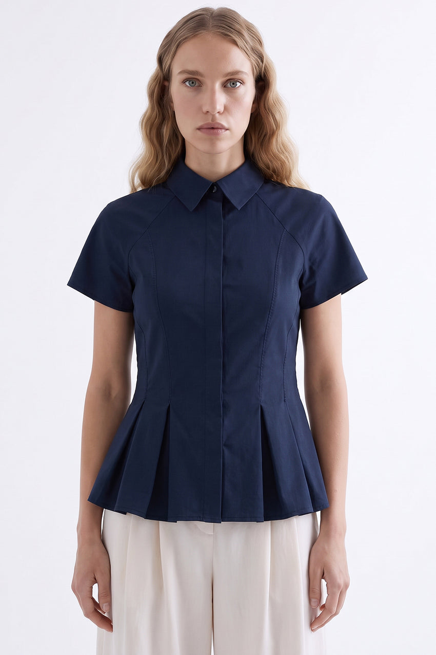 Dropped Sleeve Pleated Zigzag Stitch Shirt - NAVY
