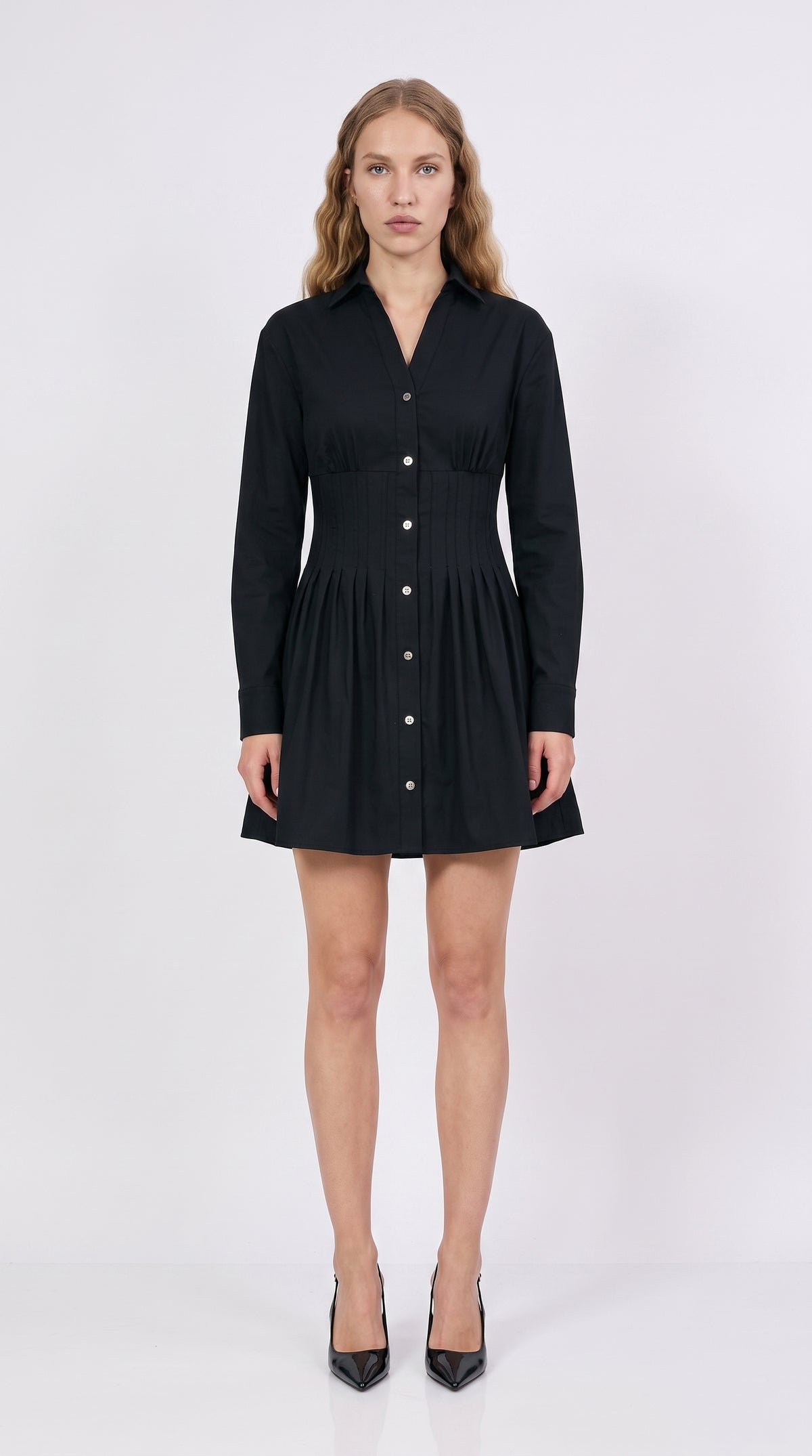 Fitted Mini Dress with Metal Buttons - BLACK